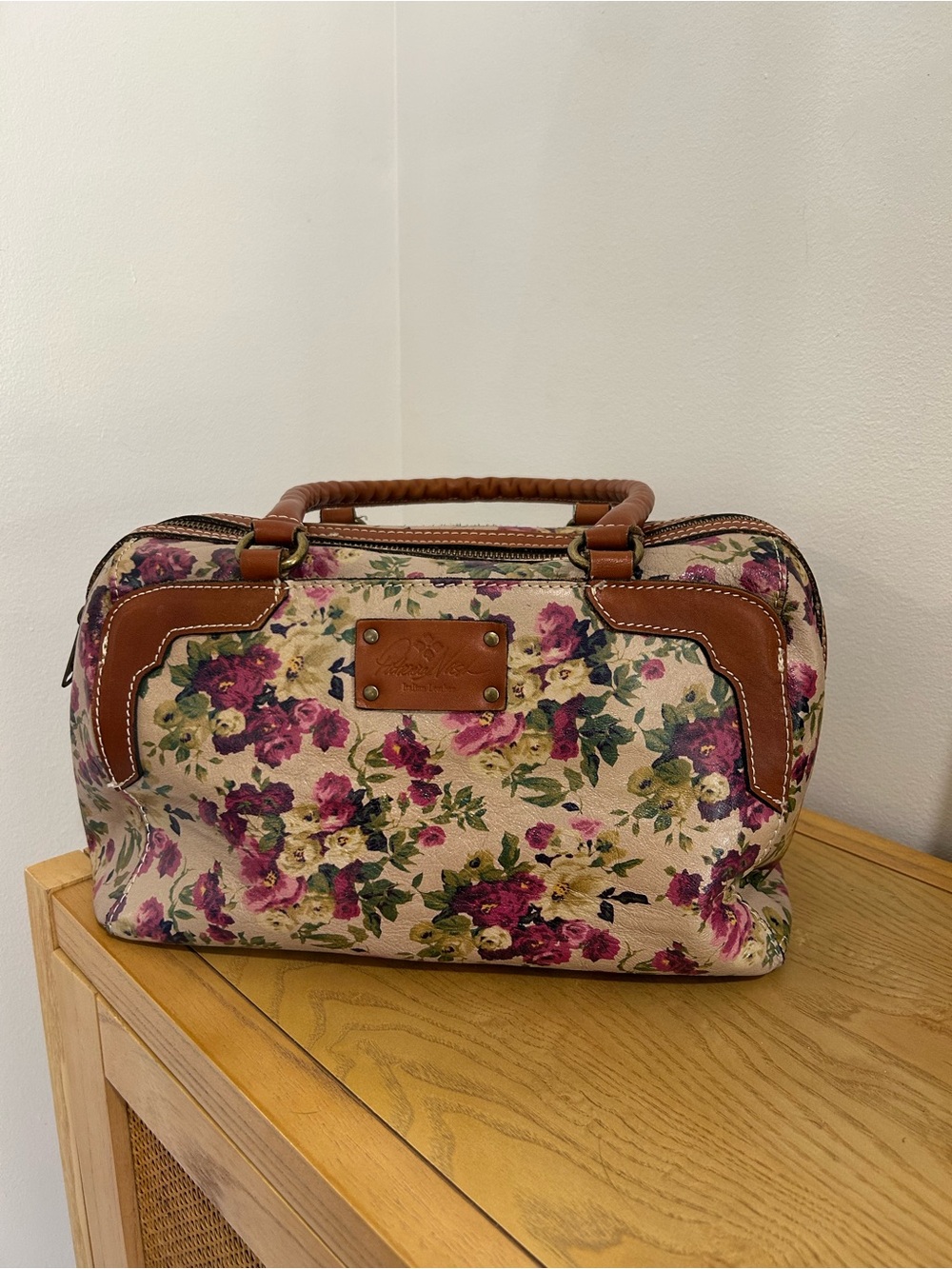 Patricia Nash Floral Canvas Satchel in Pink, Cream and Brown